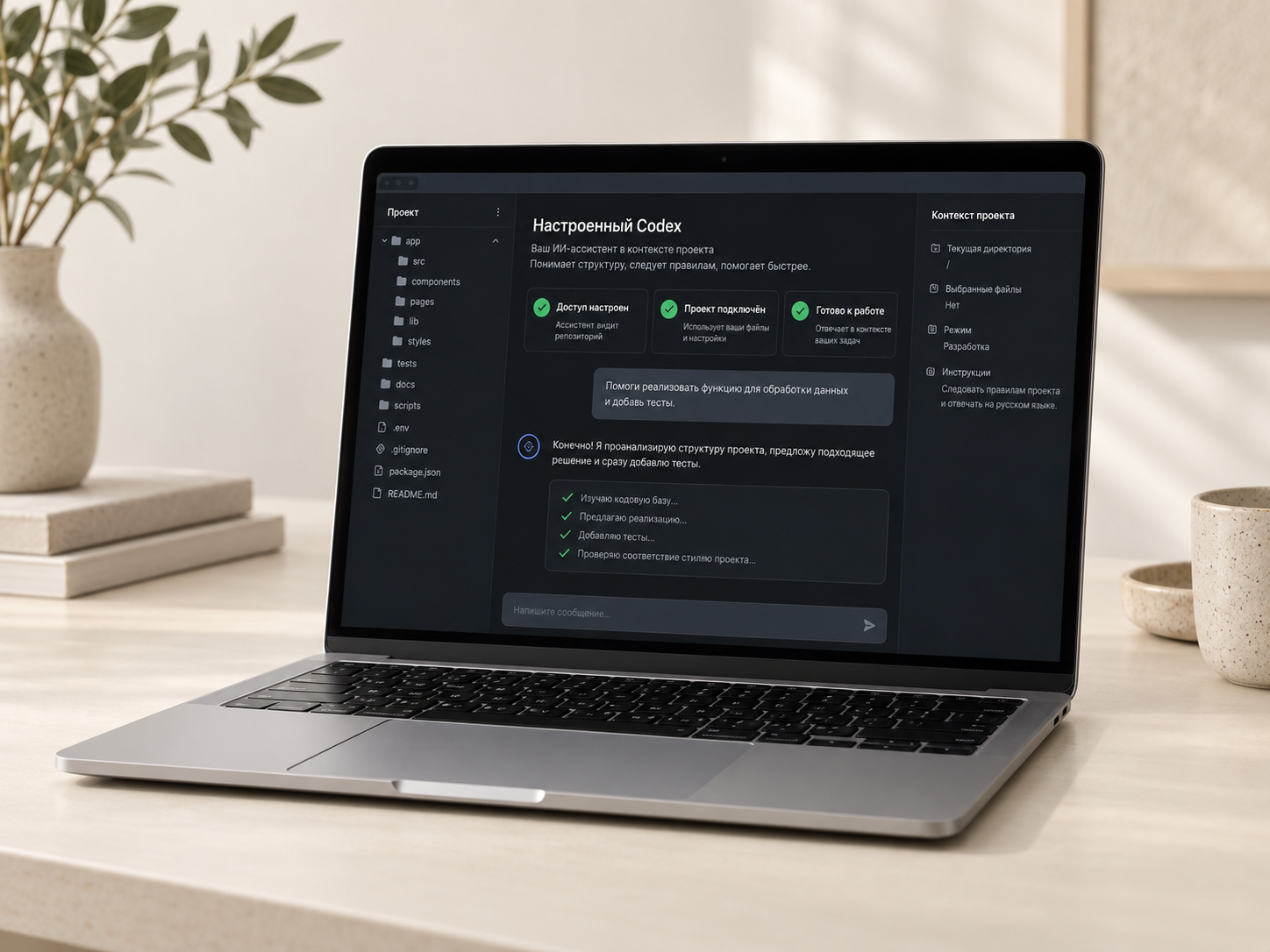 Открытый MacBook с настроенным рабочим пространством Codex