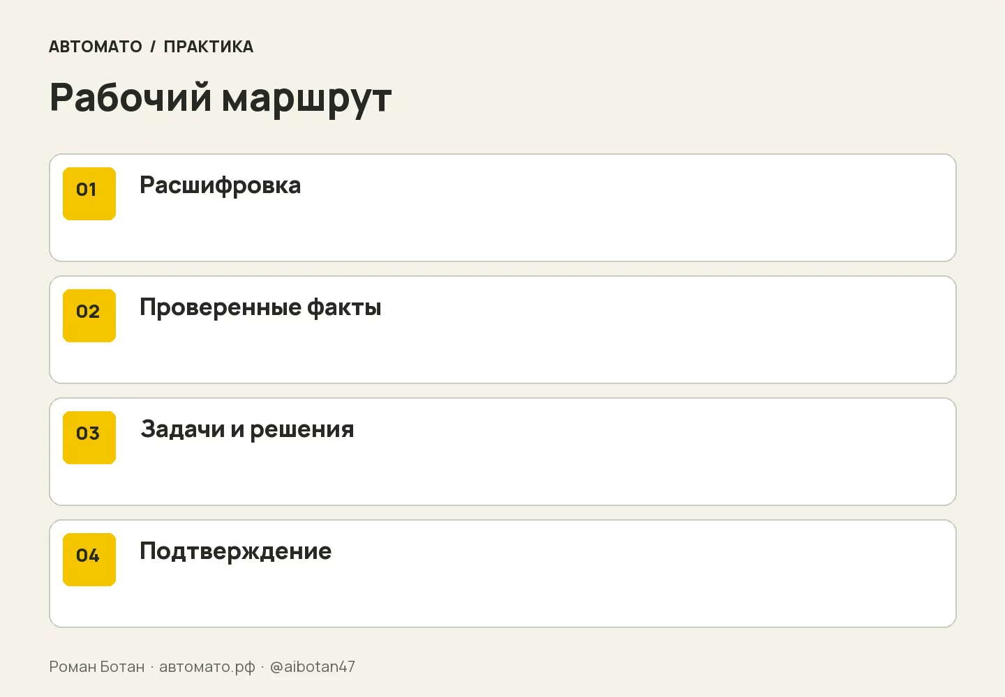 Рабочая схема: Расшифровка → Проверенные факты → Задачи и решения → Подтверждение