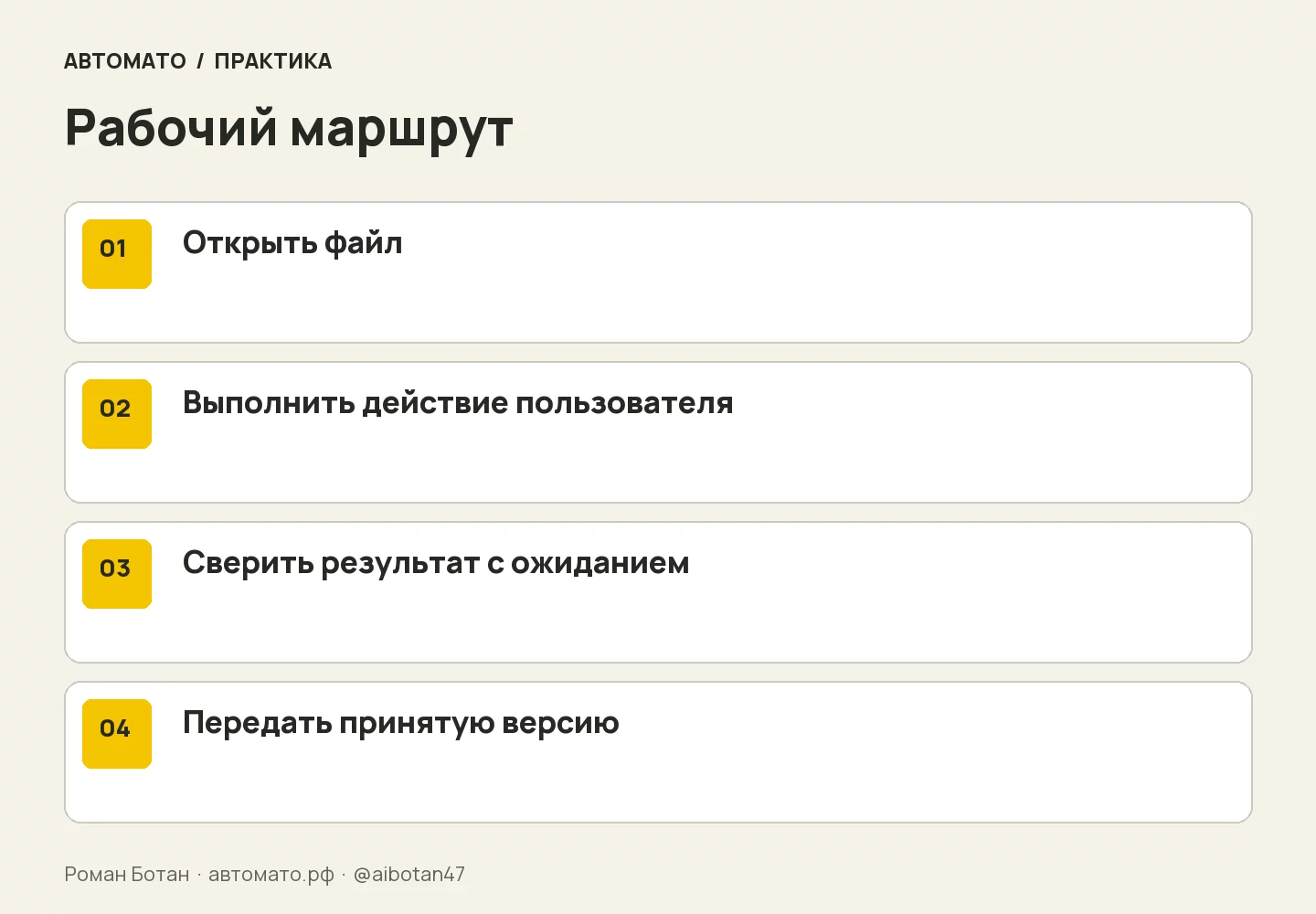 Рабочая схема: Открыть файл → Выполнить действие пользователя → Сверить результат с ожиданием → Передать принятую версию