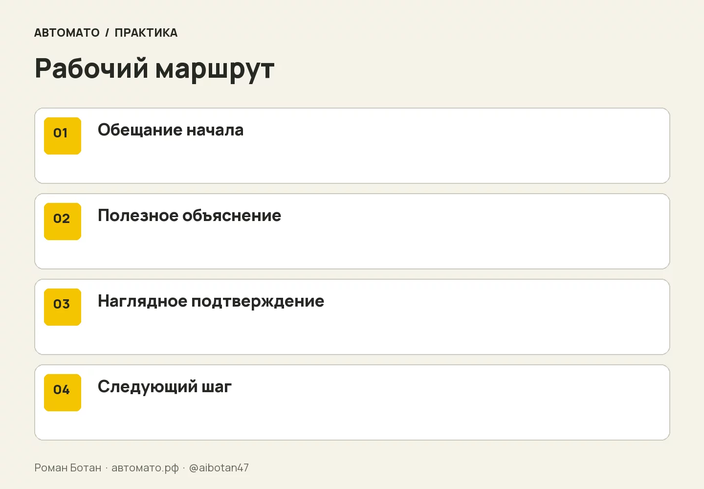 Рабочая схема: Обещание начала → Полезное объяснение → Наглядное подтверждение → Следующий шаг