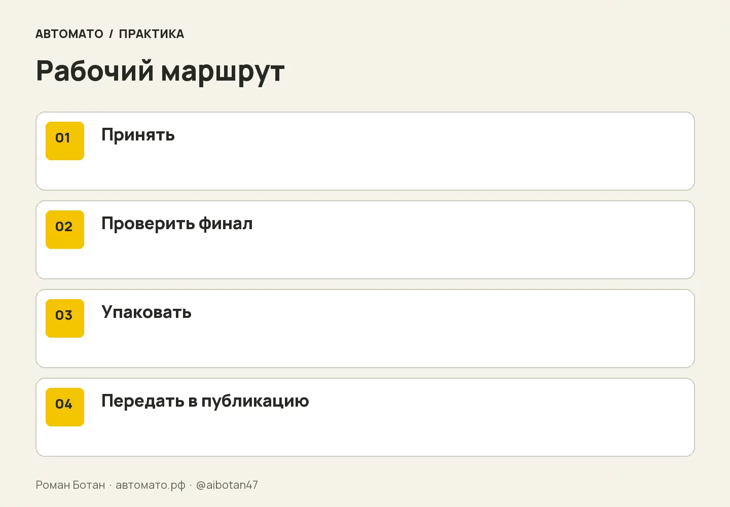 Рабочая схема: Принять → Проверить финал → Упаковать → Передать в публикацию