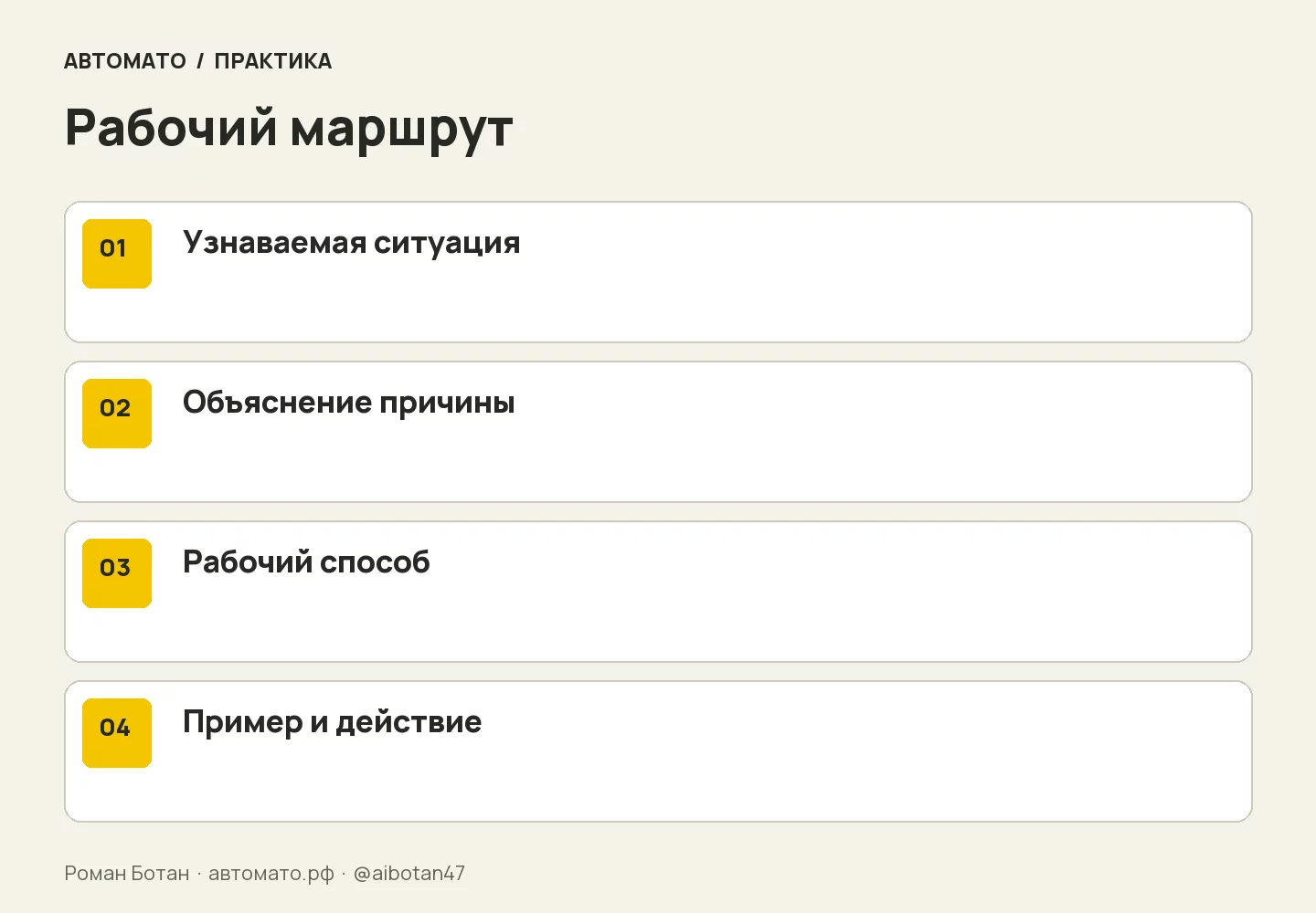 Рабочая схема: Узнаваемая ситуация → Объяснение причины → Рабочий способ → Пример и действие