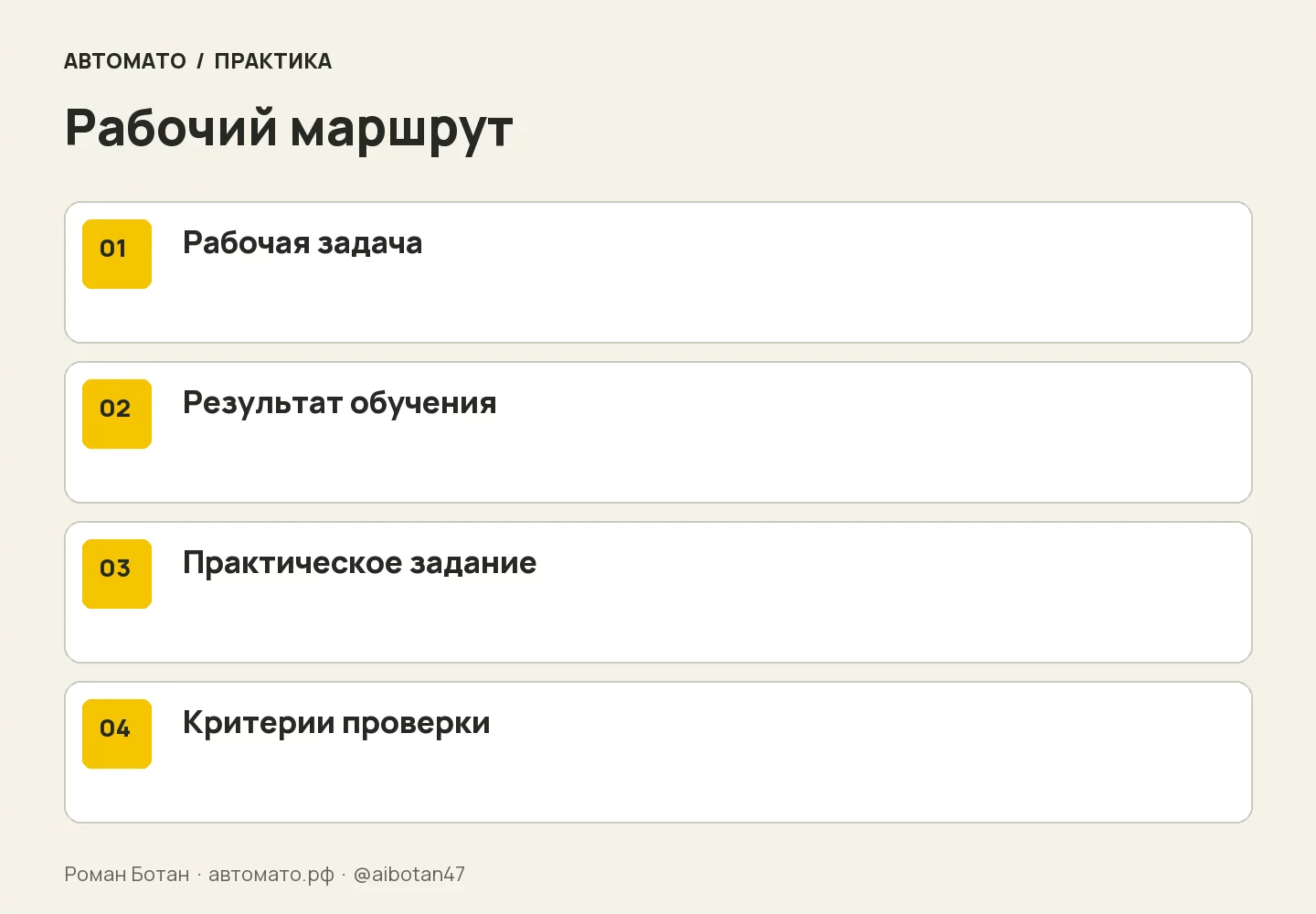 Рабочая схема: Рабочая задача → Результат обучения → Практическое задание → Критерии проверки