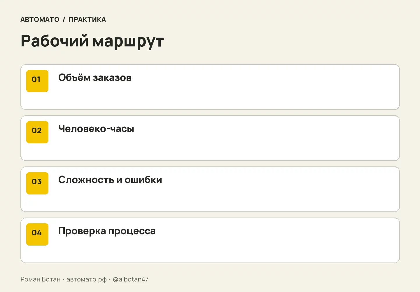 Рабочая схема: Объём заказов → Человеко-часы → Сложность и ошибки → Проверка процесса